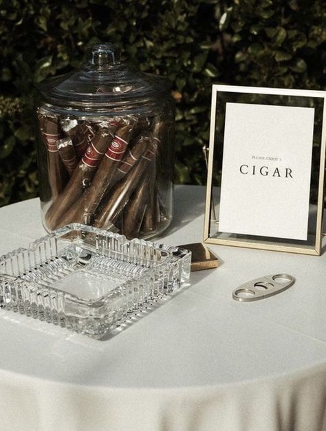 Cigars Wedding Bar, Wedding Inspo Modern Romantic, California Casual Wedding, Bar Grand Opening Ideas, Rat Pack Wedding Theme, Wedding Table Themes Ideas, Cigars At Wedding, Wedding Favors Aesthetic, Wedding Cigars Ideas