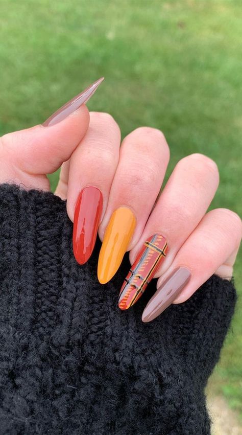 29. Plaid Nail and Jewel Tone Nails When it comes to fall fashion, plaid/tweed jackets are a must have so does the plaid nails... Pumpkin Nail Designs, Plaid Nail Designs, Pumpkin Spice Nails, Bow Nail Designs, Color Block Nails, Mint Green Nails, Korean Nail Art, Elegant Nail Art, Pumpkin Nails