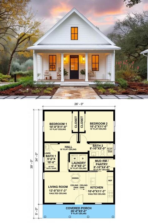 This 2-bedroom cottage-style ADU showcases a fresh and inviting facade with white clapboard siding, a charming gable roof, and a covered entry porch framed by stately pillars. Functional Home Ideas Tiny House, Cozy Cottage House Plans, Tiny Home Floorplan 2 Bedroom, Small House Layout 2 Bedroom, Tiny Home Designs Interiors, 2 Bedroom Tiny House Floor Plans, 2 Bedroom Tiny Home, Adu Cottage, Tiny House 2 Bedroom