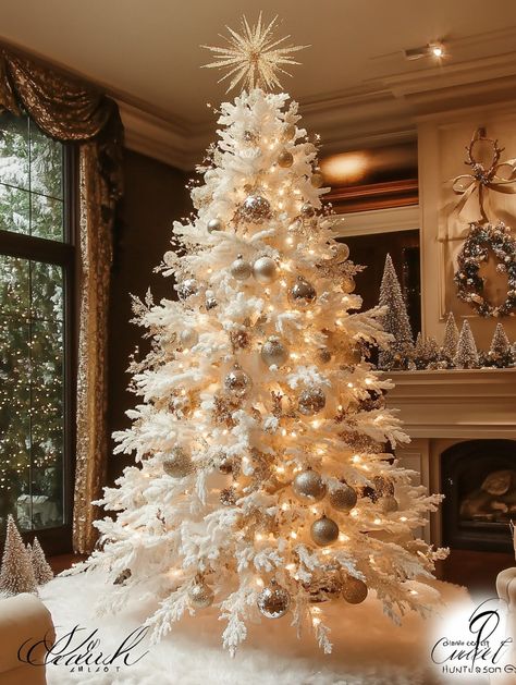 A stunning white Christmas tree adorned with glowing lights and silver ornaments, creating a serene and magical atmosphere. This beautifully decorated tree stands in a cozy living room, enhanced by soft, frosted branches and a sparkling star topper. The rich textures and neutral tones complement the warm glow of the lights, making it a perfect centerpiece for holiday celebrations..

#Christmas decor, #white Christmas tree, #holiday decorations, #elegant home decor, #winter wonderland, #festive interiors Frosted Christmas Tree Ideas, Frosted Christmas Trees, Cream Christmas Tree, White Christmas Tree Decor, Warm White Christmas, Christmas Decor White, White Christmas Tree Decorations, Home Decor Winter, Frosted Christmas Tree