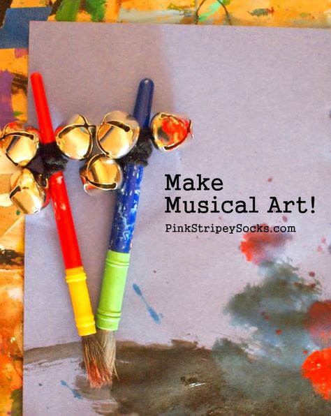 Make musical art!  Add bells to paint brushes and hear sounds while you paint Easy Pre K Art Projects, Creative Curriculum Brushes Study, Music Monday Week Of The Young Child, Creative Curriculum Brush Study, Music Sensory Activities, Creative Curriculum Music Making Study, Creative Curriculum Music Study, Music Ideas For Preschool, Music Making Study Creative Curriculum