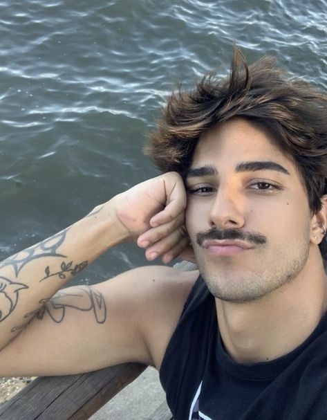 Hot man Japan 80's Aesthetic, Moustache Style, Men's Piercings, Moustaches Men, Beard Boy, Mustache Men, Hair Guide, Beard Styles, Good Looking Men