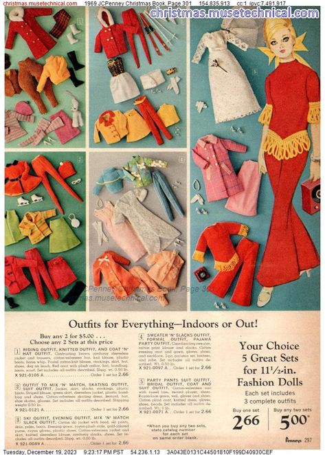 1969 JCPenney Christmas Book, Page 301 - Catalogs & Wishbooks Clone Clothes, Superstar Barbie, Pajama Outfit, Sindy Doll, Christmas Catalogs, Christmas Book, Vintage Barbie Dolls, Riding Outfit, Barbie Friends