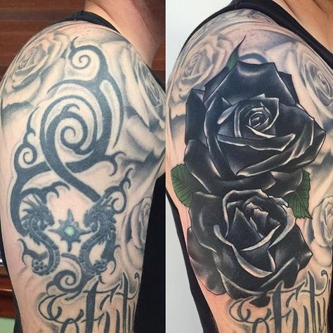 Non Rose Flower Tattoo, Big Cover Up Tattoos, Rose Tattoo Cover Up, Black Rose Tattoo, Best Cover Up Tattoos, Black Tattoo Cover Up, Black Rose Tattoos, Up Tattoo, Tattoo Cover Up