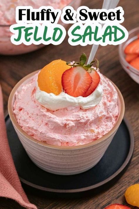 Jello Salad is an old-fashioned treat that combines gelatin, cool whip, cottage cheese, and fruit into one fluffy, sweet creamy dessert! This classic budget-friendly Dessert Recipe is full of nostalgia and sweet, creamy goodness, plus it takes only minutes to prep! Jello Fluff Recipes Cool Whip, Jello Cool Whip Dessert, Jello Fluff Recipes, Whip Cottage Cheese, Cottage Cheese And Fruit, Shareable Desserts, Strawberry Jello Salad, Cottage Cheese Salad, Cheese And Fruit