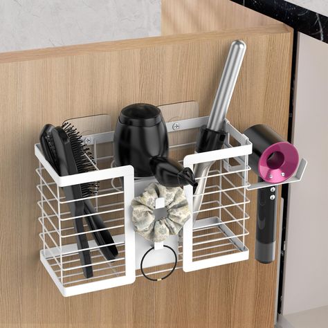 PRICES MAY VARY. 【Unique Storage Structure】The hair dryer organizer consists of 3 compartments, a side support hair dryer rack, and a hook area. The extra large capacity can hold a variety of hair dryers, flat irons, curling irons, hair straighteners, providing a neat solution for storing hairdressing tools, perfect for bathrooms, guest bathrooms, powder rooms. 【Large Storage Capacity & Neat Countertop】FUNKYLEE hair dryer holder provides large storage capacity while also adopting a compact desig Blow Dryer Storage Ideas, Hair Tools Organization, Blow Dryer Storage, Hair Brush Holder, Curling Iron Holder, Hair Product Storage, Hair Dryer Storage, Bathroom Organizers, Dryer Rack