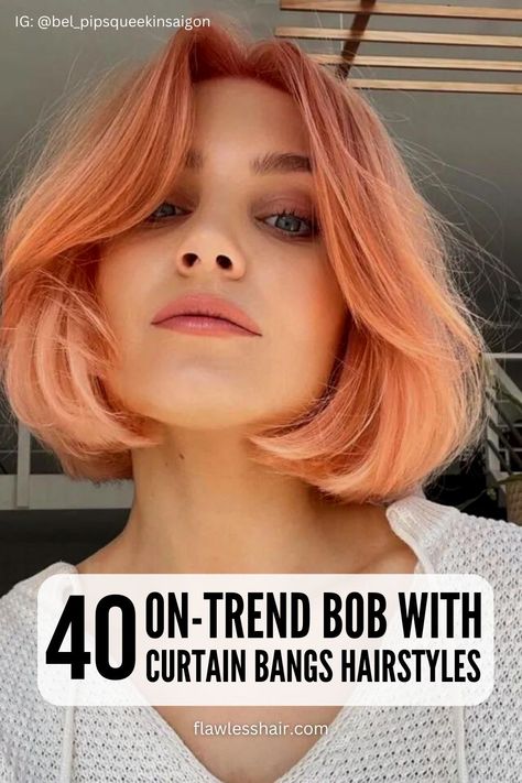 Tailor-made curtain bangs and a bob that works for you will create a hairstyle that's uniquely yours. Here's how to pair a bob with curtain bangs. Bangs Chin Length Hair, Cool Bob Haircut Bangs, Short Bob With Curtain Bangs Thick Hair, How To Style A Bob With Curtain Bangs, How To Style Bob With Curtain Bangs, Short Wavy Bob Curtain Bangs, Bob Hair Styles 2023, Short Bob Hairstyles Curtain Bangs, A Line Bob Curtain Bangs