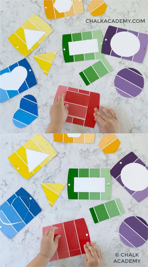 Color Hunt Preschool Activities, Diy Shapes Puzzle, Color Activities For Toddlers, Paint Chip Cards, Paint Sample Cards, Paint Chip Crafts, Shape Puzzle, Montessori Color, Diy Preschool