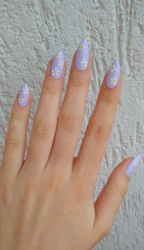 Simple Nails Pastel Colour, Spring Trendy Nails Purple, Lavender Nail Aesthetic, Lavender Nails With Butterflies Almond, Cute Lavender Nails Coffin, Pastel Blue Nails With Flowers, Retro Pastel Nails, Lavender Daisy Nails, Light Purple Acrylic Nails Almond