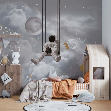 Moon Stars Wallpaper, Covering Wallpaper, Moon And Stars Wallpaper, Space Themed Bedroom, Space Themed Room, Baby Boy Bedroom, Stars Wallpaper, Space Room, Boy Bedroom