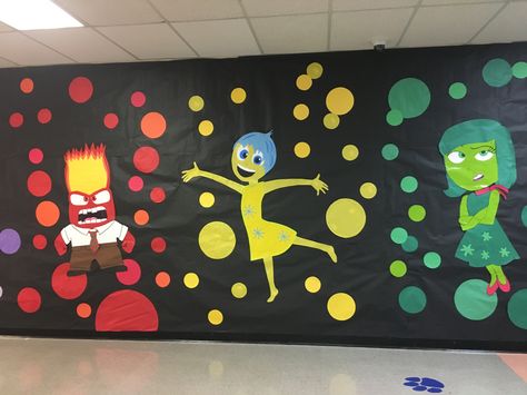 Inside out wall decoration Inside Out School Ideas, Inside Out Hallway Decorations, Inside Out Office Decorations, Inside Out Homecoming Theme, Inside Out Themed Classroom, Inside Out Islands Of Personality Ideas, Inside Out Decoration Ideas, Inside Out Office Decor, Diy Inside Out Decorations