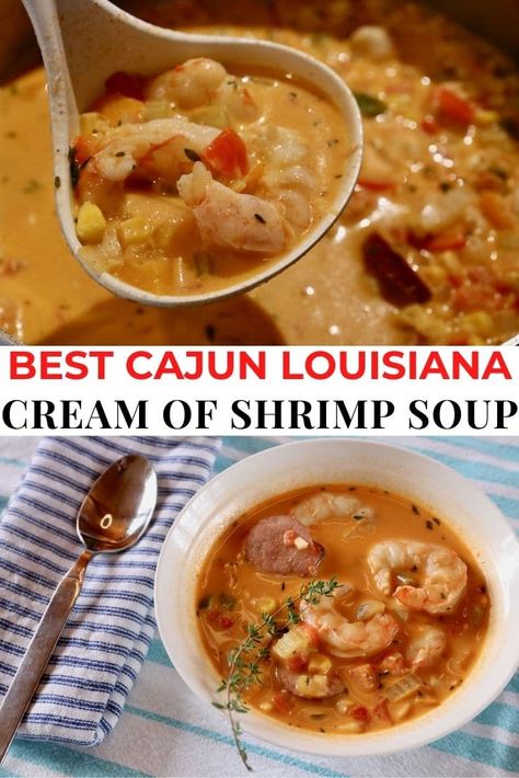 Cream of Shrimp Soup Recipes, Homemade Cream of Shrimp Soup, How To Make Cream of Shrimp Soup, Keto Cream of Shrimp Soup, Easy Creamy Shrimp Soup, Cajun Shrimp Soup Recipes, Authentic Cajun Cuisine, Louisiana food, cajun cooking, traditional new orleans dishes, new orleans food recipes, spicy shrimp soup, corn and shrimp soup, cream of shrimp soup, creole shrimp sausage soup, Cream Of Shrimp Soup Recipes, Creamy Shrimp Soup, Cream Of Shrimp Soup, Cajun Recipes Easy, Shrimp And Corn Soup, Nola Recipes, Shrimp Soup Recipes, Creole Shrimp, Louisiana Food