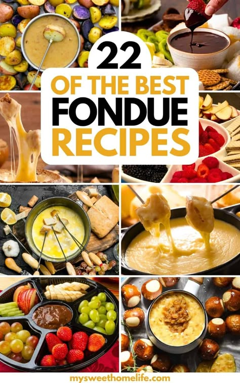 Fondue. From humble ingredients come a rich and melty concoction. It's more than just a dish - it's an experience best shared. These easy fondue recipes feature the best savory and sweet delights for your next fondue party. There's cheese fondue, chocolate fondue, vegan fondue and more. What To Dip In Fondue Cheese, Brunch Fondue Ideas, Fun Fondue Ideas, Fondue Beef Recipes, 1970s Fondue Party, Crock Pot Fondue Cheese, Bridal Shower Fondue Bar, Sweet Fondue Recipes, New Years Fondue