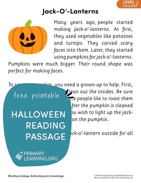 Get your spooky on! In this fiction reading passage, kids learn about jack-o'-lanterns. Kids read the passage and connect the story to their prior knowledge. Kids also answer three comprehension questions. #kindergarten #1stgrade #2ndgrade #challoween #halloweenworksheets #halloweenprintables https://primarylearning.org/worksheet/halloween-reading-comprehension/?utm_source=pinterest&utm_medium=social&utm_campaign=halloween&utm_term=1st_grade&utm_content=reading Halloween Comprehension Passages, Halloween Stories For Kids, Read The Passage, Pumpkin Lesson Plans, Jack O Lanter, Halloween Reading Comprehension, Pumpkin Lessons, Jack O Latern, 2nd Grade Reading Comprehension