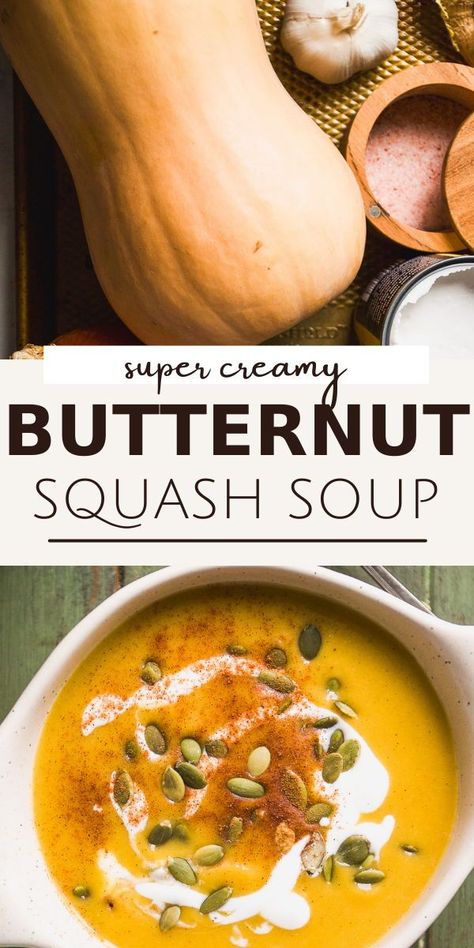 This classic butternut squash soup recipe features fresh butternut squash, warm spices, creamy coconut milk, and a touch of honey. Simmered on the stovetop and blended until smooth, it’s a simple, nutritious, vegetarian comfort food that’s ready with a total time of less than 30 minutes! Buttnut Squash Soup Recipe, Butternut Squash Soup Recipes Easy, Thick Creamy Butternut Squash Soup, Simple Butternut Squash Soup, Butternut Squash Coconut Milk, Butternut Squash Recipes Soup Coconut Milk, Squash Soup Recipe Easy, Butter Nut Squash Soup With Coconut Milk, Butternut Squash Curry Soup Coconut Milk