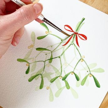 Christmas Cards To Paint Ideas, How To Paint Mistletoe, Cute Watercolour Christmas Cards, Mistletoe Watercolor Christmas, Watercolour Xmas Card Designs, Christmas Watercolour Painting, Watercolour Mistletoe, Water Colour Christmas Cards Ideas, Christmas Cards Aquarel