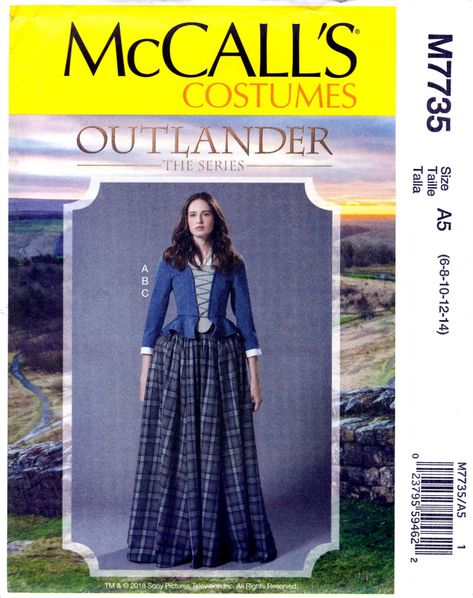 McCall's M7735 7735 Misses Cosplay Outlander Dress Costume Sewing Pattern Sizes 6-8-10-12-14 Corset Peplum Top, Outlander Dress, Outlander Clothing, Claire Outlander, Outlander Costumes, Full Gathered Skirt, Lace Front Top, 18th Century Costume, Costume Sewing Patterns