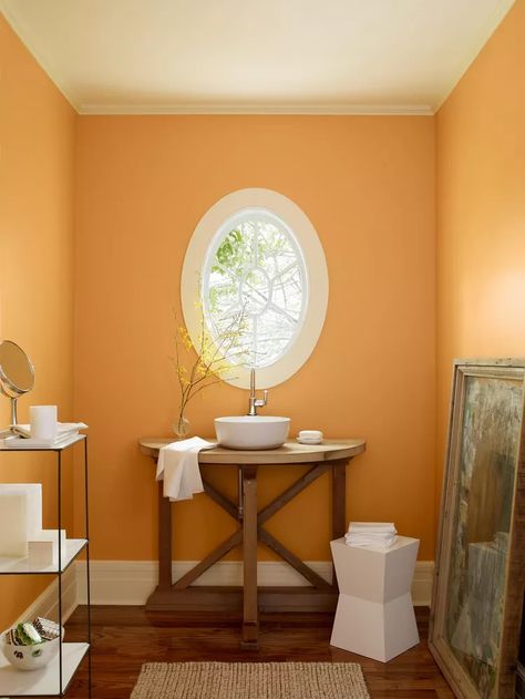 Orange Bathrooms Can Be Beautiful, and Here’s Proof | Hunker Orange Painted Furniture, Best Bathroom Paint Colors, Orange Bathroom Decor, Orange Bathrooms, Bathroom Paint, Bathroom Color Schemes, Bathroom Paint Colors, Yellow Bathrooms, Bathroom Color