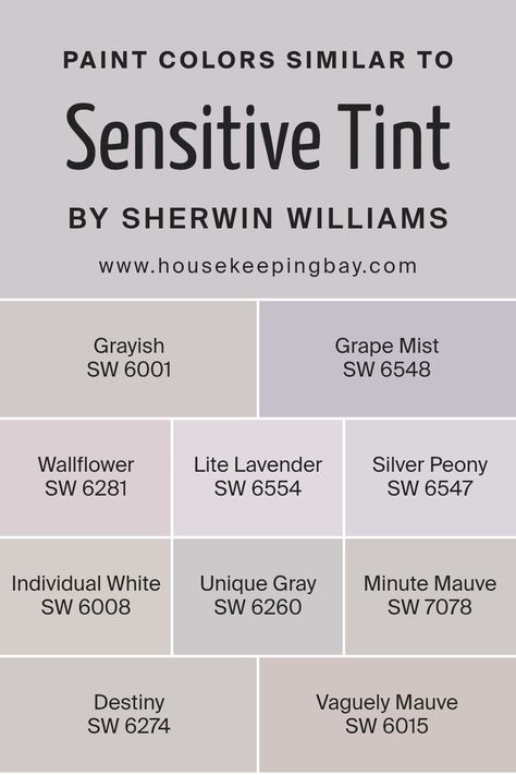 Colors Similar to Sensitive Tint SW 6267 by Sherwin Williams White Lilac Sherwin Williams, Light Lavender Wall Paint, Purple Grey Paint Color Sherwin Williams, Purple Girls Bedroom Paint, Purple Sherwin Williams Paint, Greyish Purple Paint, Sherwin Williams Purple Paint Colors, Purple Paint Colors Bedroom, Purple Bathroom Paint