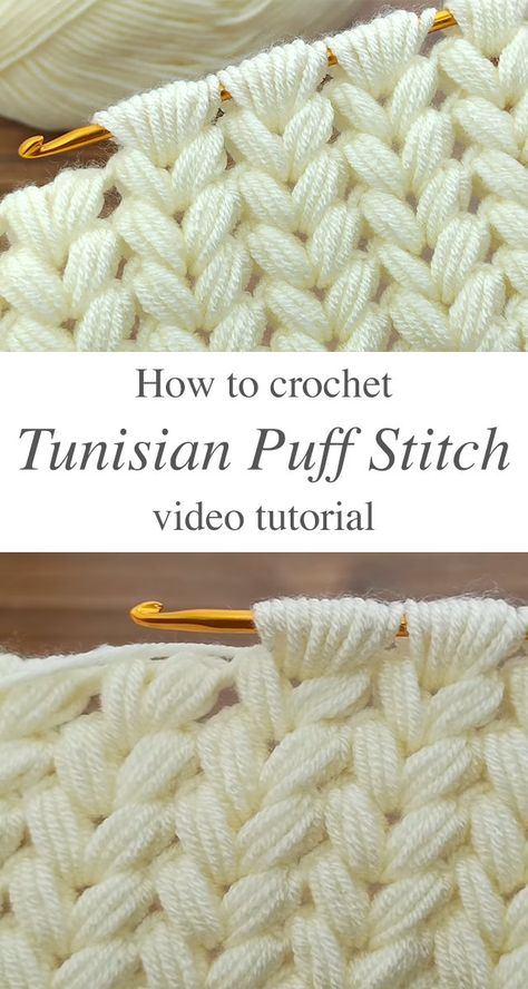 Tunisian Crochet Puff Stitch For Your Winter Works - CrochetBeja Crochet Puff Stitch, Puff Stitch Crochet, Tunisian Crochet Patterns, Tunisian Crochet Stitches, Manta Crochet, Puff Stitch, Stitch Crochet, Crochet Videos Tutorials, Crochet Stitches Tutorial