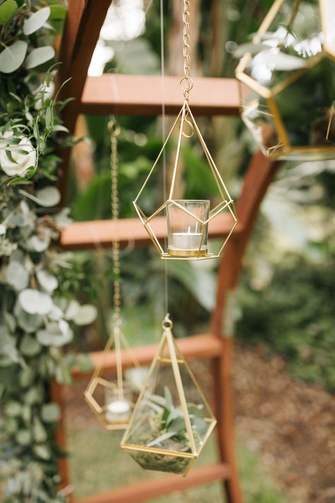 Boho Chic Wedding Ceremony Backdrop Round Wood Moon Arch with Suspended Gold Geometric Candles and Succulents Boho Chic Wedding Ceremony, Moon Arch Wedding, Hanging Candles Wedding, Wedding Aisle Candles, Chic Wedding Ceremony, Moon Arch, Boho Wedding Backdrop, Social Lifestyle, Wood Moon