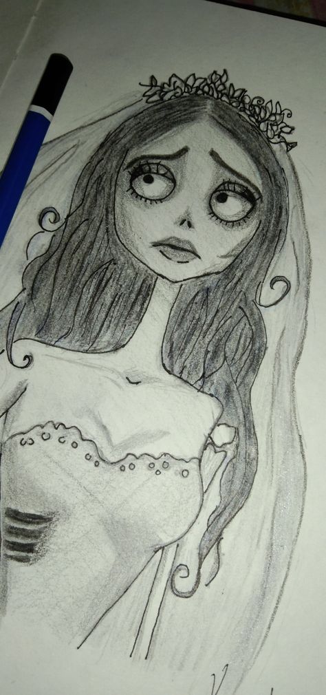 Drawing A Vampire, Corpse Bride Drawing Emily, Pencil Art Drawings Halloween, Drawing Ideas Corpse Bride, How To Draw Emily Corpse Bride, Emily From Corpse Bride Drawing, Mysterious Doorway Drawing, Emily Corpse Bride Sketch, Emily Drawing Corpse Bride