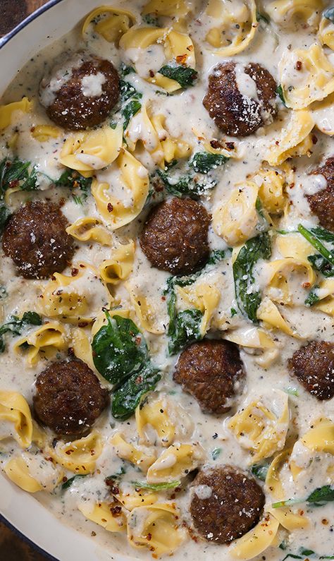 Creamy Spinach Tortellini Pasta with Meatballs - Pan seared garlic with a rich and flavorful creamy onion sauce with spinach, meatballs and tortellini pasta.  Pan tossed with parmesan cheese and herbs to give a robust Tuscan flavor.  A truly simple dish to make for dinner or to serve for a dinner party with a glass of wine.  This recipe will become a family favorite. Tortellini With Meatballs, Spinach Tortellini Pasta, Meatballs And Tortellini, Creamy Onion Sauce, Creamy Spinach Tortellini, Meatball Tortellini Soup, Pasta With Meatballs, Crock Pot Tortellini, Cream Of Onion Soup