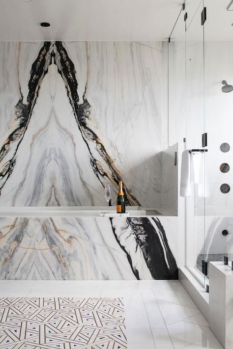 Marble Shower Walls, Transitional Bathroom Design, Kips Bay Showhouse, Bathtub Surround, Marble Bathtub, Marble Tub, Modern Tub, Modern Bathtub, Show House