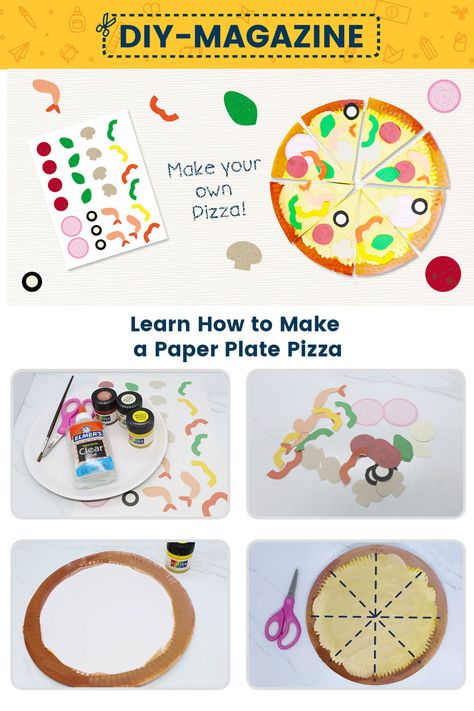 Learn How to Make a Paper Plate Paper Pizza Paper Plate Pizza Craft, Paper Plate Pizza, Cool Arts And Crafts, Pizza Craft, Toddler Storytime, Paper Plate Craft, Make Your Own Pizza, Clear Glue, Diy Magazine