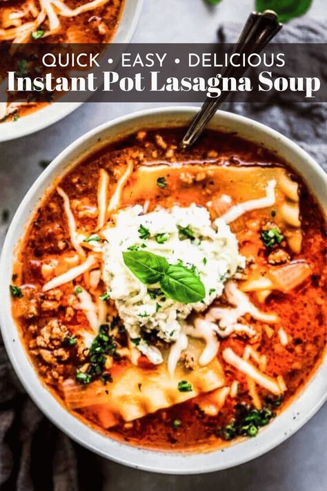 Instant Pot Lasagna Soup tastes just like lasagna without all the work. Your electric pressure cooker makes it super simple. // easy // recipe // with ricotta // instapot // ground beef Instant Pot Lasagna Soup, Vegetarian Lasagna Soup, Recipe With Ricotta, Instant Pot Lasagna, Lasagna Soup Recipe, Electric Pressure Cooker Recipes, Pot Lasagna, Comforting Soup, Vegetarian Lasagna