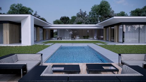 U Shaped House Plans, U Shaped Houses, Modern Pool House, Architecture Villa, Home Designs Exterior, Good Family, Pool House Plans, Best Modern House Design, Modern Villa Design