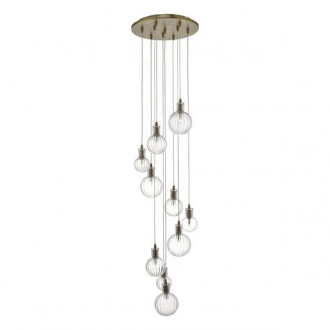 Size: Height 100cm min - 150cm max        Diameter: 35cm Wattage: 10 x 20w max mains halogen or LED (equivalent to approx 350w of normal light) Socket: G4 capsule House Hallway, Light Cluster Pendant, Cluster Pendant Lighting, Multi Pendant, Dar Lighting, Ribbed Glass, Cluster Pendant, Lighting Products, Brass Pendant