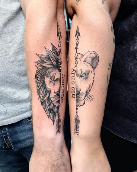 Couple Tattoos Ideas, Girlfriend Tattoos, Married Couple Tattoos, Marriage Tattoos, Him And Her Tattoos, Partner Tattoos, Maching Tattoos, Lion Lioness, Couples Tattoo