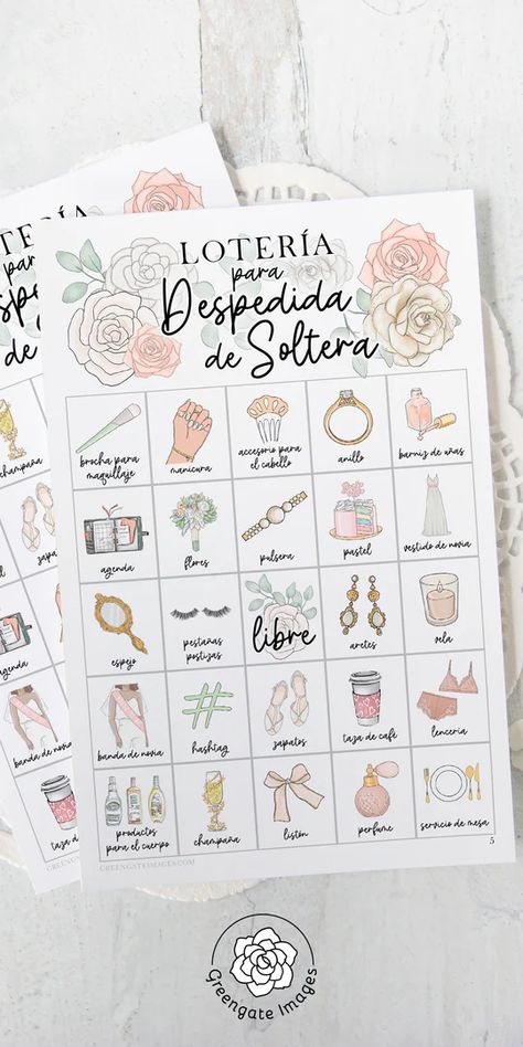 Description This popular bingo set is now available in Spanish! Printable Bridal Shower Bingo cards for you to download, print, and use over and over. High-quality art featuring various aspects of being a bride. So prettily feminine, lightly sophisticated, and fun for many ages. Great bridal shower/sprinkle game! Fun a Bridal Shower Games In Spanish, Bridal Shower Games Spanish, Bridal Shower Loteria, Spanish Bridal Shower Ideas, Bride Shower Ideas, Bride Games, Bingo Design, Bride To Be Party, Bachelorette Party Unique