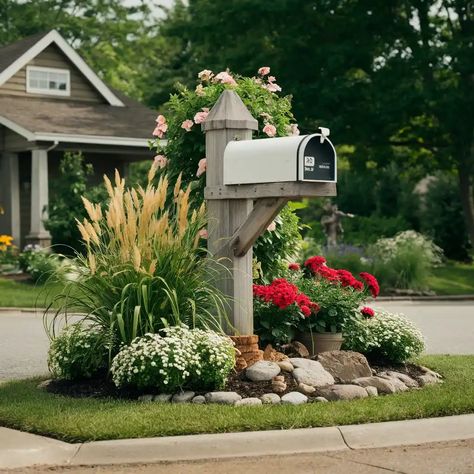 25 Gorgeous Mailbox Flower Bed Ideas That Will Instantly Boost Your Curb Appeal! - TopReviewsAdviser Flower Beds By Driveway, Landscape Ideas Brick House, Flower Mailbox Ideas, Classy Mailbox Ideas, Landscape Ideas Front Porch, Plants Around Mailbox Ideas, Mailbox Post Ideas Curb Appeal, Mailbox Garden Ideas Full Sun, Landscaping Brick House