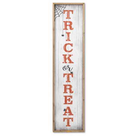 Show your Halloween spirit with this large vintage looking Halloween porch sign. This antiqued porch signs is 11.42-inches wide and 1.19-inches high and declare Autumn is here. The wood panel is painted white With an orange and black 'TRICK OR TREAT' announcement. The signs are given a rubbed antique finish for country appeal. Make this a focal point of your Autumn decor by adding other wall hangings, or put this display in your entryway or covered porch using the easel back. Color: Multicolor. Wood Halloween, Halloween Porch Sign, Wooden Porch, Halloween Porch, Gerson, Porch Sign, Trick Or Treater, Coors Light Beer Can, Natural Wood Frames