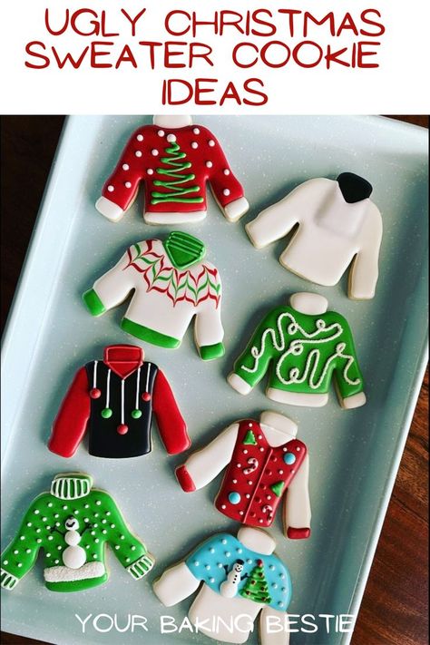 Christmas Sweater Cookies Decorated Cutout Cookies Decorated, Cutout Cookie Recipe, Christmas Cutout Cookie Recipe, Christmas Sweater Cookies, Ugly Christmas Sweater Cookies, Sweater Cookies, Ugly Sweater Cookie, Cutout Cookie, Christmas Cutout Cookies