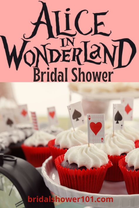 Amazing ideas for an Alice in Wonderland themed bridal shower!  #aliceinwonderland #bridalshower Alice In Wonderland Themed Desserts, Alice And Wonderland Bridal Shower Ideas, Alice In Wonderland Bachelorette Party, Alice In Wonderland Bridal Shower Theme, Hens Ideas, Wonderland Cheshire Cat, Alice In Wonderland Tea Party Birthday, Young Wedding, Bridal Shower Cupcakes