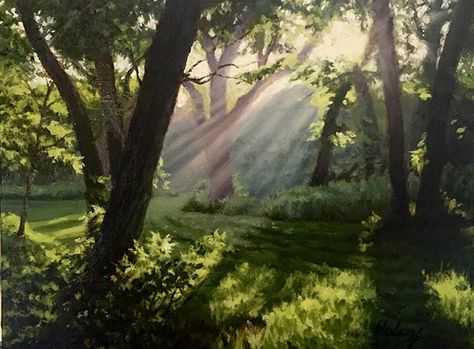 Sun Shining Through Trees Painting, Looking Up Through Trees Painting, How To Paint Rays Of Light, How To Paint Sunlight, Painting Sunlight, Sunlight Painting, Sunlight Art, Forest Drawing, Painting Light