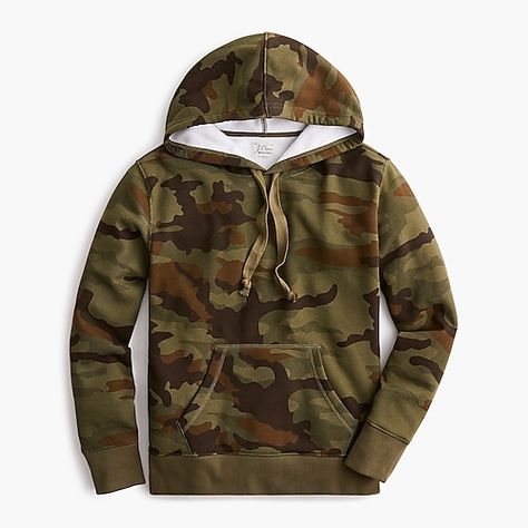 J.Crew: Supercozy Fleece Hoodie Sweatshirt In Camo For Women Camo Sweatshirt, Embellished Sweatshirts, Womens Camo, Crew Clothing, Soft Hoodie, Cotton Hoodie, Camo Print, Favorite Jeans, Fleece Hoodie