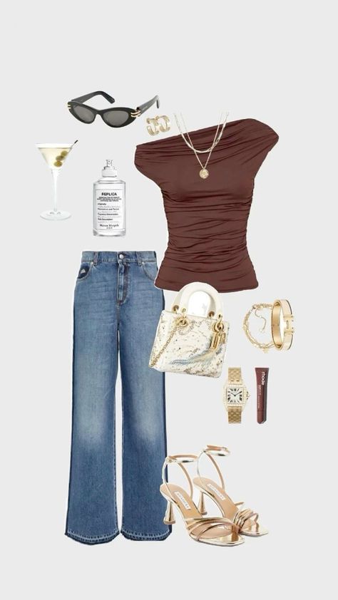 Top Jeans And Heels Outfit, Brown Fitted Top Outfit, Brown Outfit Classy, Sade Summer Outfits, Brown Top Outfit Ideas, Classy Everyday Outfits, Old Money Classy, Be Classy, Mode Kimono