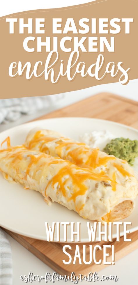 Make these easy sour cream chicken enchiladas with white sauce! This is the best white chicken enchilada recipe out there. You can use shredded, baked, or Rotisserie chicken for this enchilada dinner recipe for family. Chicken Alfredo Enchiladas, Chicken Enchilada Recipe White Sauce, White Sauce For Enchiladas, Chicken Enchiladas Without Sour Cream, Cream Of Chicken Enchiladas Recipes, Chicken Enchiladas With Rotisserie, Sour Cream Enchilada Sauce Easy, Rotisserie Chicken Enchiladas Easy, Chicken Enchiladas Cream Of Chicken Soup