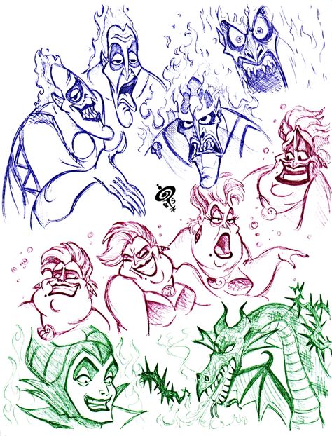 Hades & Ursula sketches Tattoo Disney, Disney Sleeve, Walt Disney Characters, Bd Art, Film Disney, Disney Villains Art, Disney Sketches, Art Disney, Pinturas Disney