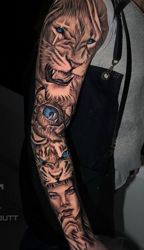 Lion Sleeve Tattoo Men, Nice Forearm Tattoos For Men, Animal Tattoo Sleeve, Best Sleeve Tattoos Men, Leg Tattoos For Men, Animal Tattoos For Men, Tiger Tattoo Sleeve, Full Hand Tattoo, Animal Sleeve Tattoo