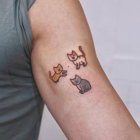 Small cat tattoos - pet portrait tattoo Small Orange Cat Tattoo, Small Cats Tattoos, Fun Cat Tattoo, Orange Cat Tattoo Simple, Funny Cat Tattoos, Tiny Cat Tattoo Simple, Three Cats Tattoo, 3 Cat Tattoo, Pet Cat Tattoo