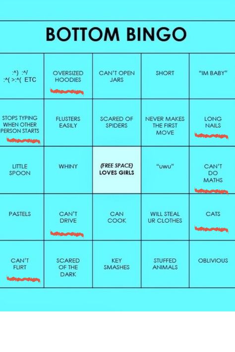 Top And Bottom Relationship, Bingo Personality, Bad Things Happen Bingo, Red Flag Bingo, Bottom Bingo Template, Simp List Template, Sensitive Person Bingo, Oc Bingo, Trans Bingo