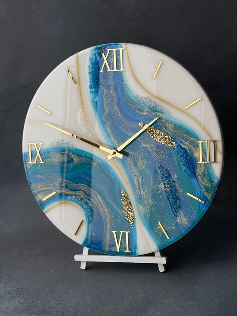 Resin Painting Wall Clock, Blue Gold Abstract Wall Clock, Epoxy Resin Clock, Luxury Wall Clock, 5th Anniversary Gift, Exclusive Clock Art - Etsy UK Painting Wall Clock, Resin Art Canvas, Resin Clock, Personalized Clocks, Custom Clocks, Wall Ar, Resin Wall Art, Kitchen Wall Clocks, Resin Design