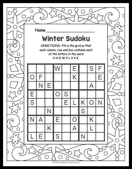 Winter Sudoku Worksheet Sudoku Printable, Winter Words, Sudoku Puzzles, Printable Puzzles, Logic Puzzles, 5 Gifts, Word Puzzles, Winter Themed, Activity Sheets