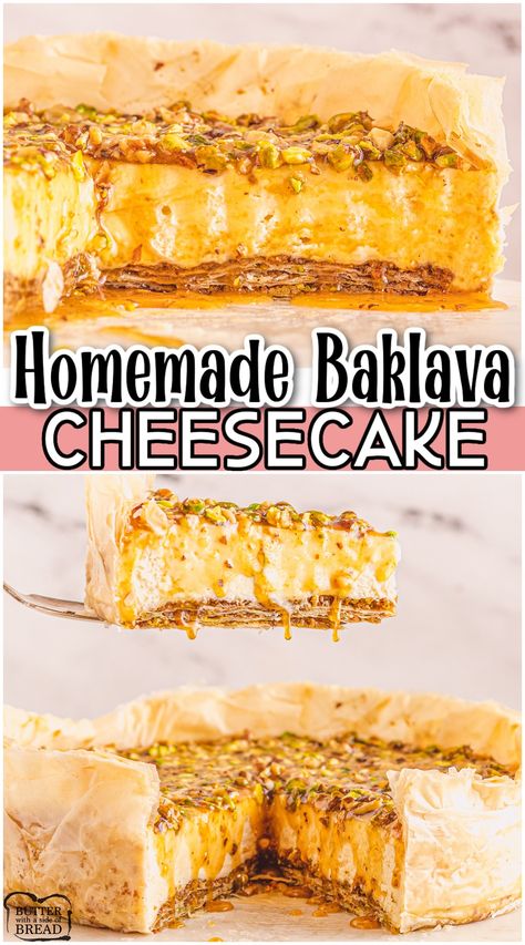 Baklava Cheesecake is everything you love about Baklava in cheesecake form! This Greek Baklava cheesecake is a perfect blend of buttery phyllo dough, sweet honey, crunchy nuts, and creamy rich cheesecake! Greek Baklava, Baklava Cheesecake, Rich Cheesecake, Yummy Cheesecake, Baklava Recipe, Phyllo Dough, Cheesecake Desserts, Holiday Cooking, Perfect Desserts