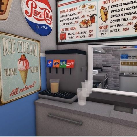 Coffee Station Ideas Bloxburg, Retro Cafe Bloxburg, Bloxburg Mall Stores, Bloxburg Mall Interior, Bloxburg Diner Menu Decals, Bloxburg Retro Diner Layout, Bloxburg Cashier, Bloxburg Deli Decal, Bloxburg Cafe Kitchen